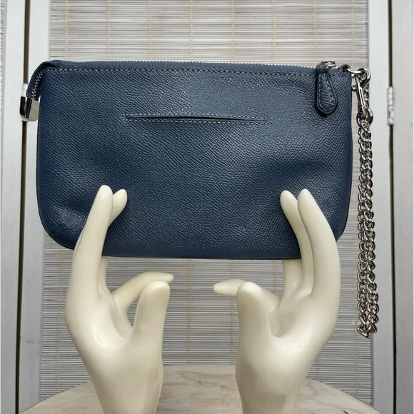 Coach Blue Crossgrain Leather Chain Wristlet Clutch Silver Hardware NWT - Picture 2 of 9